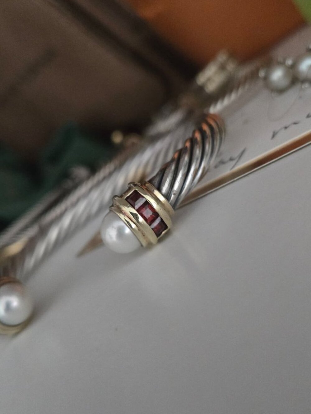 DAVID YURMAN 14K Gold SS Pearl Garnet Cable Bracelet 7mm Vintage